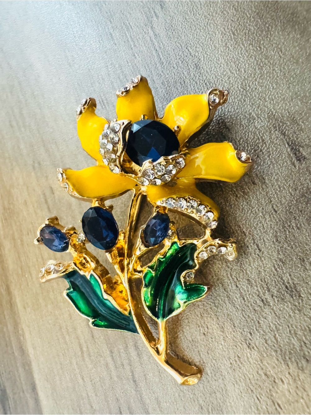 Statement brooch Yellow Enamel Flower with Blue Crystal Accents 2.5”